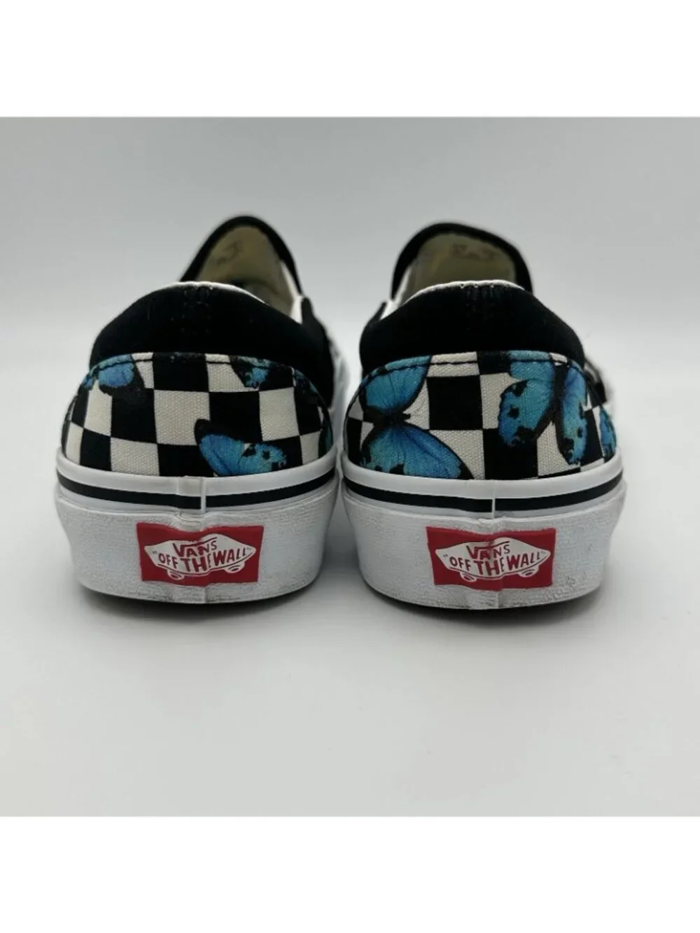 Vans Women 7 Classic Slip On Sneakers Butterfly Checkerboard Black Blue Skate